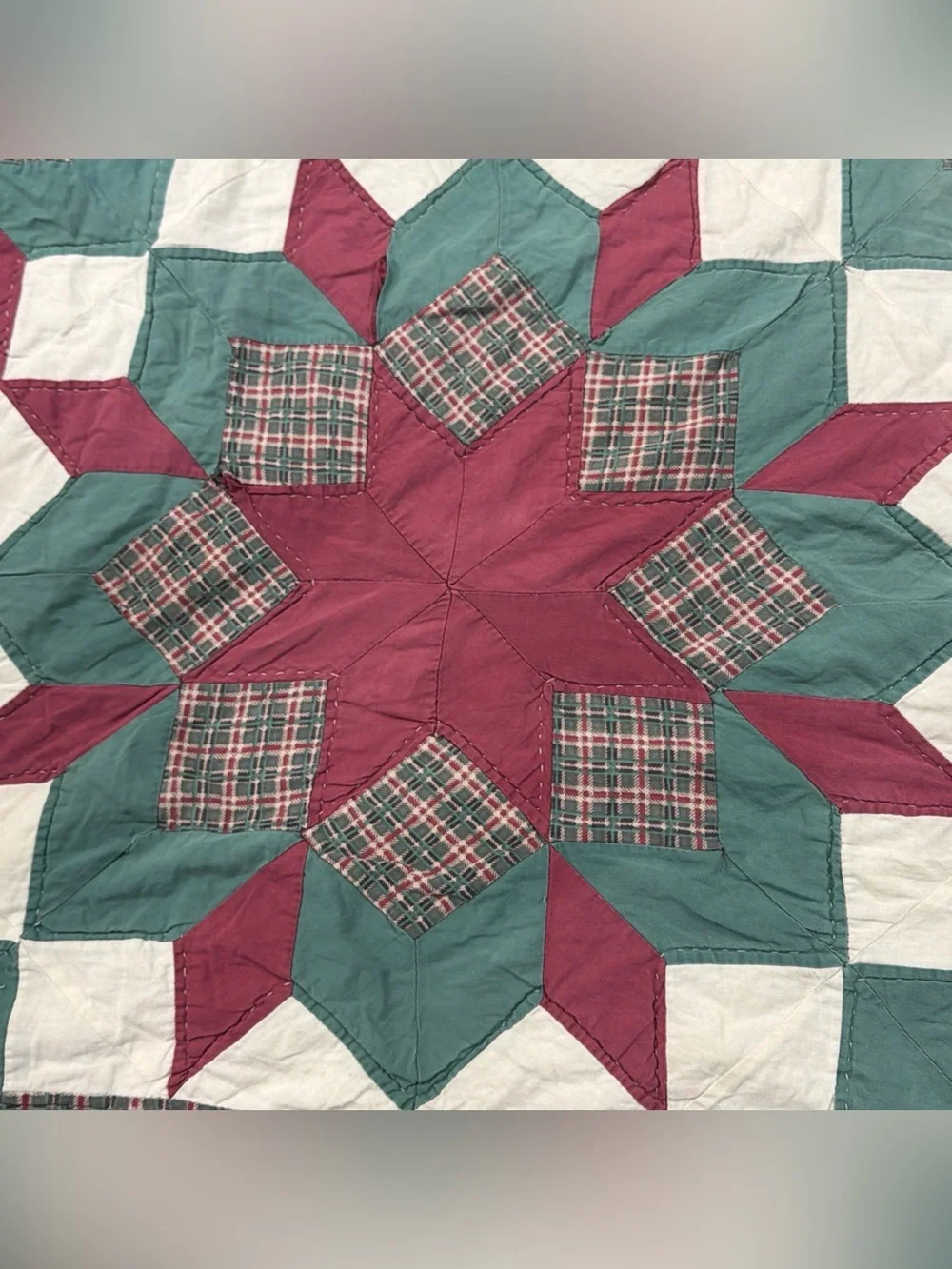 VTG Antique Very Old Quilt Blanket Patchwork 8 Pointed Stars 3D Hand Sewn 80x64”